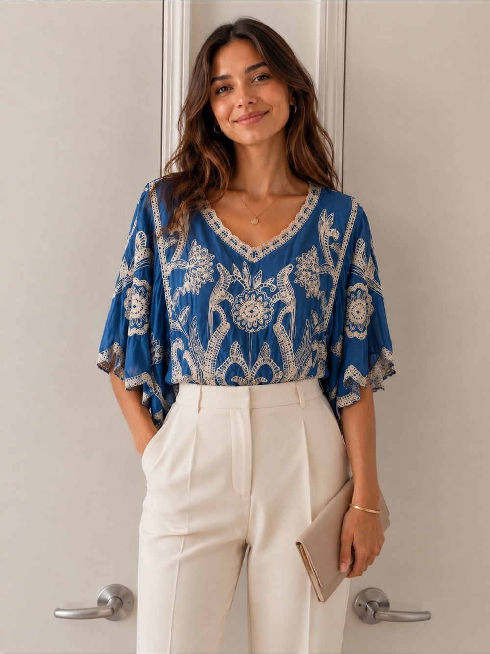 Antropologie Kindred boho Blouse Top Butterfly Sleeves Embroidered SZ L